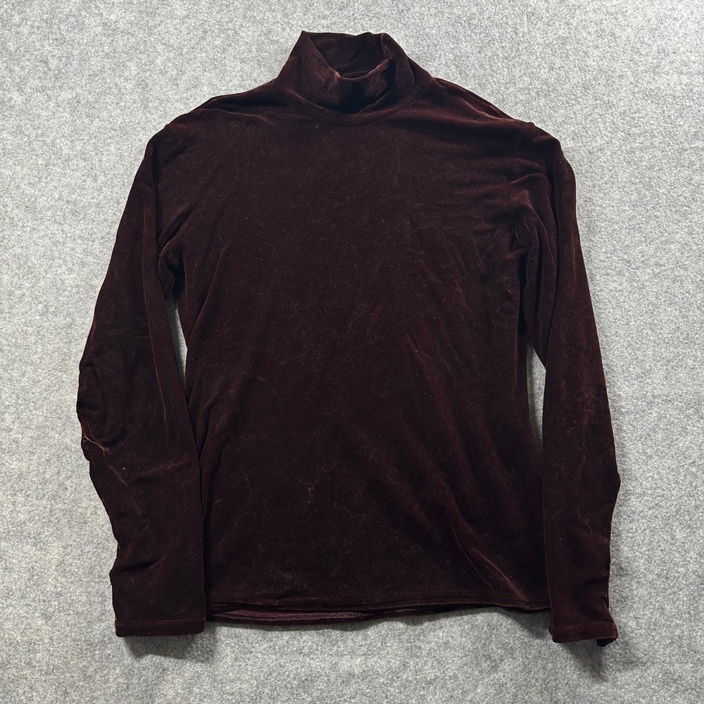Vtg Banana Republic Turtleneck Top Women L Burgundy Velvet Long Sleeve USA Made